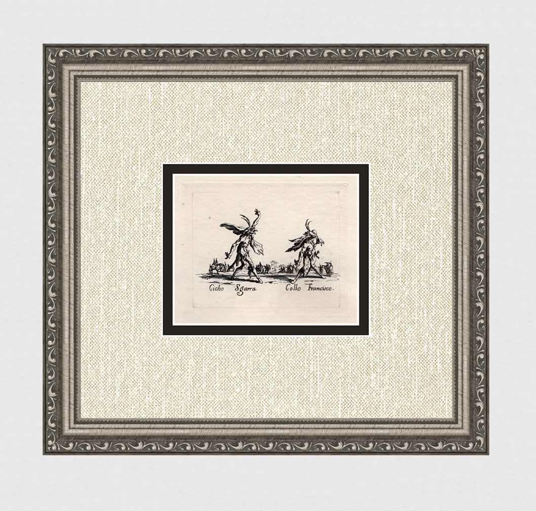 Jacques CALLOT 1920 Engraving "Grotesque Sword Dancers" LIMITED Framed C: Jacques Callot (French, c.?1592 - 1635). Bello Sguardo & Couiello, from Balli di Sfessania. Antique engraving on japon paper after the original created in 1622. Year: c. 1920. Limited edition of only