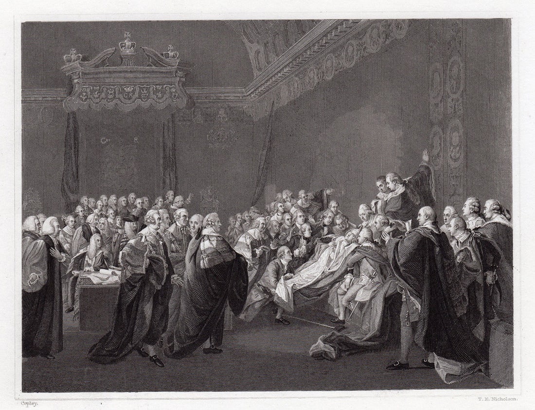 John Singleton Copley 1834 engraving The Death of the Earl of Chatham signed: John Singleton Copley. (Anglo-American, 1738 - 1815). The Death of the Earl of Chatham. Antique steel engraving on wove paper after the original oil on canvas by Master Engraver William Henry Worthing
