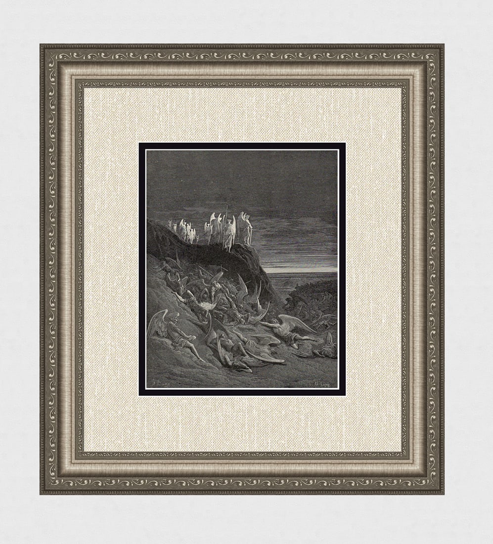 Gustave Dore Michael & his Angels (Milton's Paradise Lost) c. 1880 Woodcut Signed: Gustave Dore (Paul Gustave Louis Christophe Dore) (French, 1832-1883). Michael and his Angels (Milton's Paradise Lost). Antique woodcut wove paper after the original by master wood engraver Ad Ligny (