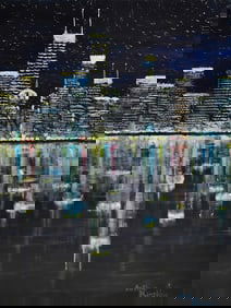 Arthur Kinslow Orginal Painting Reflections Cityscape 30 x 40 Inches Signed