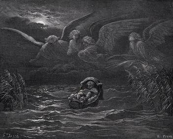 1800s Gustave DORE Religious Wood Engraving "Baby Moses" SIGNED Framed