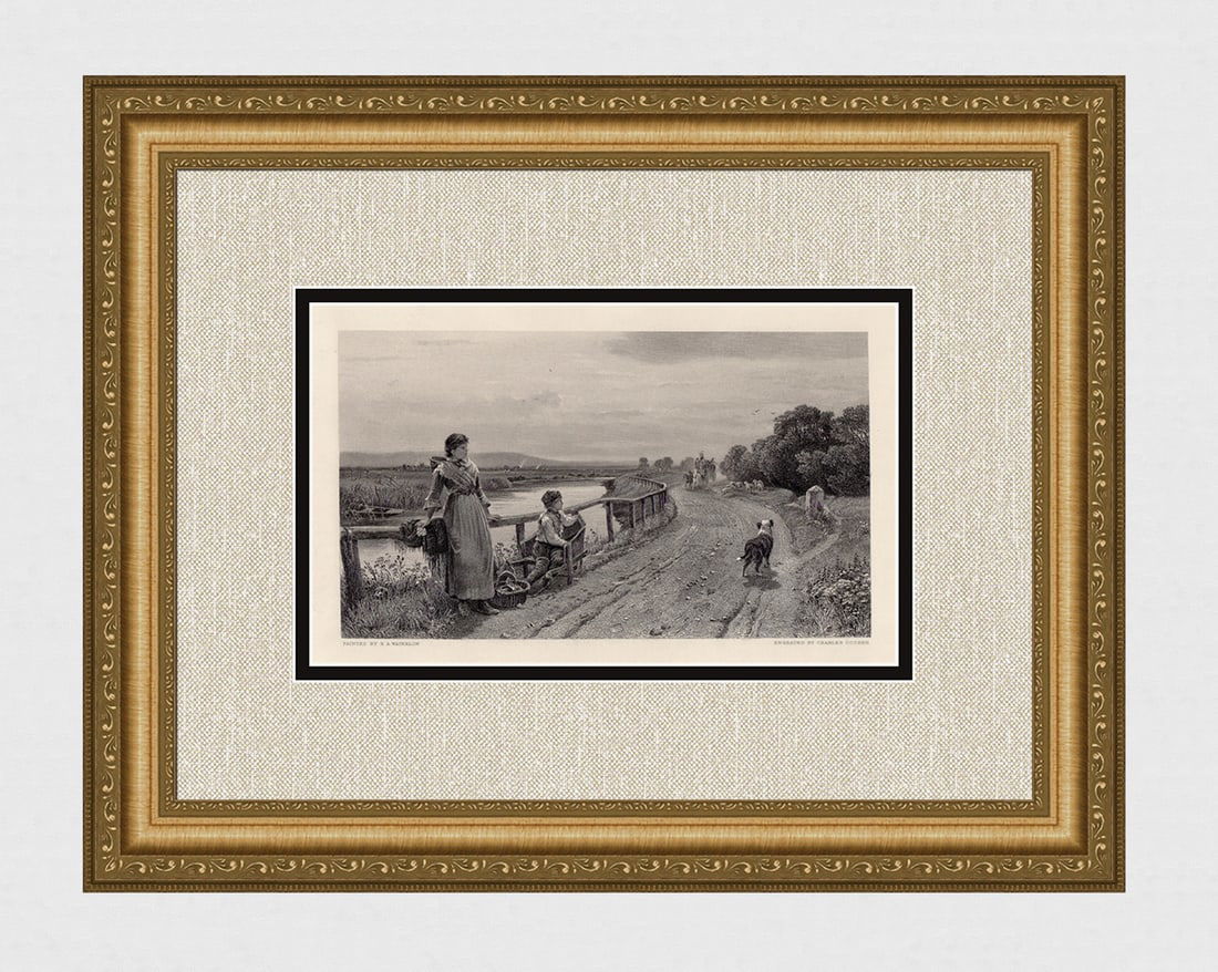 Ernest Albert WATERLOW SIGNED 1800s Engraving HOME AGAIN Framed: Sir Ernest Albert Waterlow (British, 1850 -1919). Home Again. Antique engraving on wove paper after the original by master engraver Charles Cousen (British, 1849-c. 1911). Signed in the plate. Year: 1