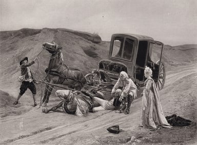 Jules Girardet 1800s Antique Print The Horse Carriage Accident SIGNED FRAMED
