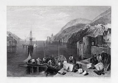 TURNER 1800s Antique Engraving Dartmouth on the River Dart Signed Framed