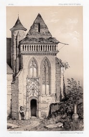 1800s V PETIT Original Lithograph Portal of Church Of Villiers Framed SIGNED
