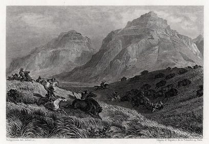 Henri Feix Emmanuel Philippoteaux 1800s Engraving HUNTING BISON Framed Signed