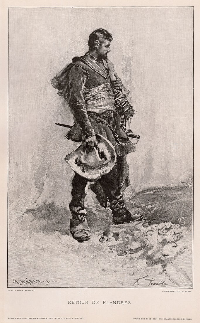 Francisco Pradilla Ortiz Retour De Flandres (Return from Flanders) 1887 Woodcut Signed: Francisco Pradilla Ortiz. Retour De Flandres (Return from Flanders). Antique woodcut on wove paper after the original painting by master wood engraver Max Weber (American, 1881-1961). 1887. Signed in