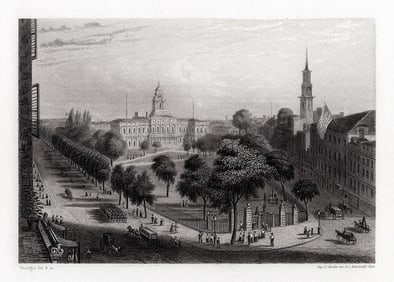Emile Rouargue 1800s Original Engraving City Hall Park, NY Signed