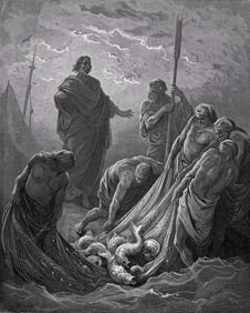 1800s Gustave DORE Biblical Woodcut Jesus at the Sea of Tiberias FRAMED Signed
