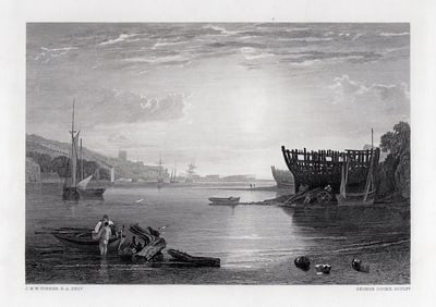 1800s William Turner Engraving Teignmouth Port Signed Framed