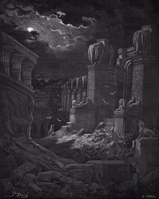 GUSTAVE DORE 1800s Religious Wood Engraving BABYLON IS FALLEN Framed Signed
