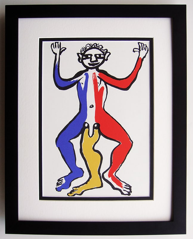 Alexander Calder Original Lithograph Framed 1975: Calder, Alexander. "Three Legged Man" Color lithograph published by Maeght, 1975. Professionally framed and matted. Sheet 11 x 15 inches, framed c. 19 x 22 inches. Notes: reference dlm 212. This artwo