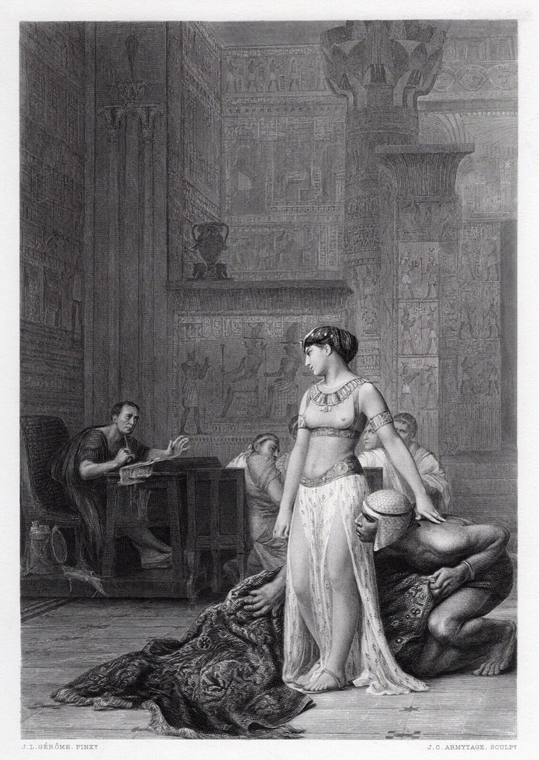 Jean-Leon Gerome 1800s Engraving "Cleopatra Before Caesar" FRAMED: Jean-Leon Gerome (French, 1824 - 1904). Cleopatra and Caesar. Antique steel engraving on wove paper after the original oil on canvas by master engraver John Carr Armytage (British, 1802-1897). Year: 1