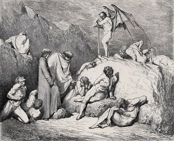 FRAMED 1800s Gustave Dore DIVINE COMEDY Woodcut Dante & Pier da Medicina SIGNED
