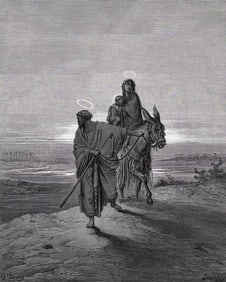 1800s Gustave DORE Religious Woodcut Joseph Leading Mary & Jesus SIGNED FRAMED