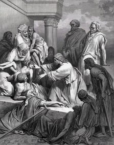 Biblical 1800s Gustave DORE'S BIBLE Woodcut Jesus healing the Sick SIGNED FRAMED