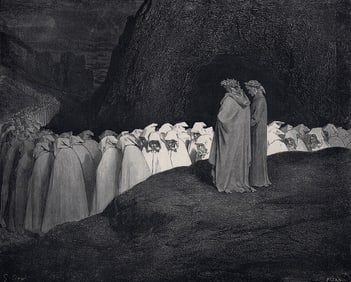 SIGNED 1800s Gustave DORE DIVINE COMEDY Woodcut Mourning Hypocrites FRAMED