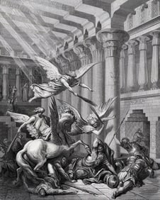 Gustave DORE 1800s Biblical Woodcut God Punishes Heliodorus FRAMED Signed