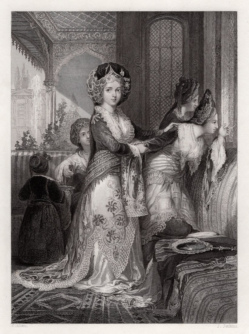 Thomas Allom Antique Engraving The Odalisque Signed Framed: Thomas Allom (English, 1804-1872). The Favorite Odalisque (The Odalisque or Favorite of the harem, Constantinople). Antique engraving on wove paper after the original by master engraver Robert Sands (