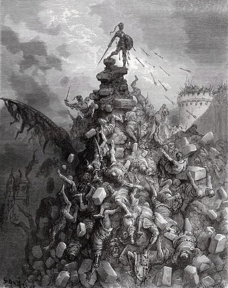 GUSTAVE DORE Orlando Furioso Woodcut BRANDIMARTE Signed FRAMED: Gustave Dore (Paul Gustave Louis Christophe Dore )(French, 1832-1883). The besiegers of Bizerte take a tumble, except for Brandimarte. (From Orlando Furioso). Antique woodcut on wove paper after the o
