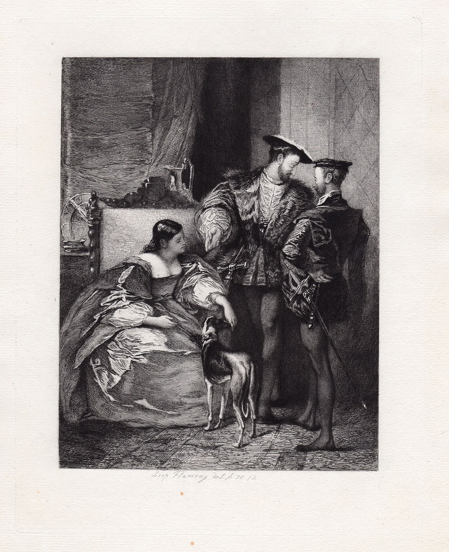 Richard Parkes Bonington 1873 etching Francis I and the Duchess of Etampes signed: Richard Parkes Bonington. (1802-1828). Francis I and the Duchess of Etampes. Etching on Laid Paper after the original oil painting by Leopold Flameng (1831-1911). 1873. Signed in the Plate. Excellent.