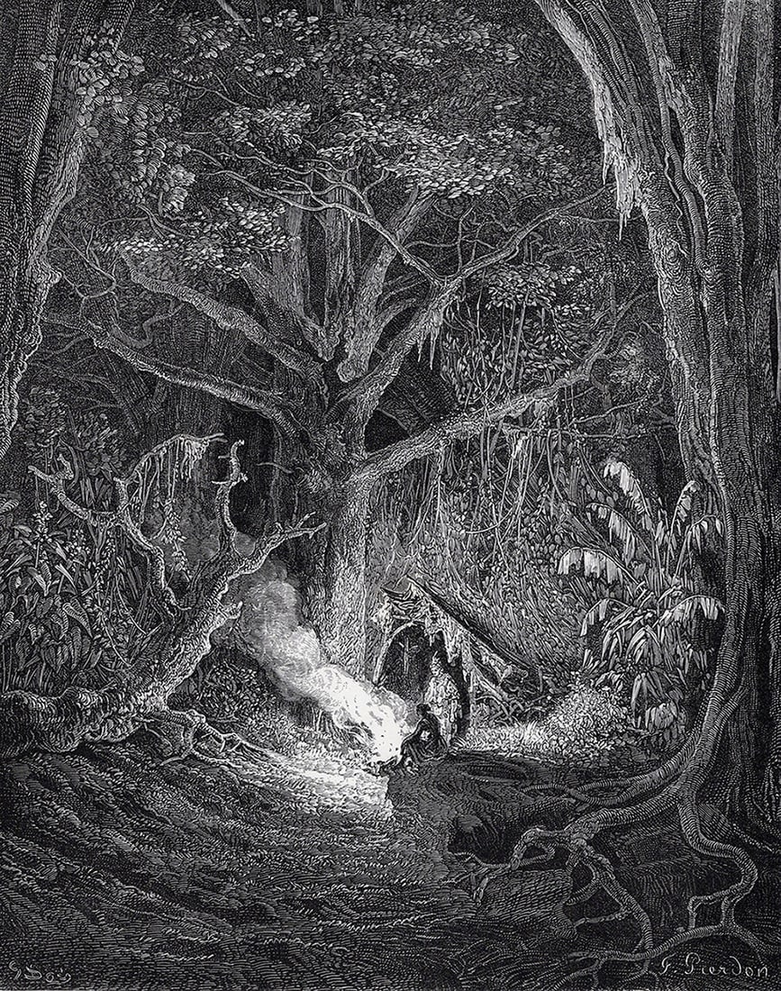 1800s Gustave DORE Antique Woodcut "Atala & Chactas" FRAMED Signed: Gustave Dore (Paul Gustave Louis Christophe Dore) (French, 1832-1883). The camp fire of Atala and Chactas (from Atala). Antique woodcut on wove paper after the original by master wood engraver Francoi