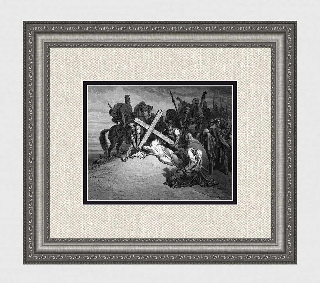 SIGNED 1800s GUSTAVE DORE Religious Wood Engraving THE CRUCIFIXION Framed: Gustave Dore(Paul Gustave Louis Christophe Dore) (French, 1832-1883). The Arrival at Calvary (from Dore's Bible). Antique Wood Engraving on wove paper after the original by a master wood engraver Jule