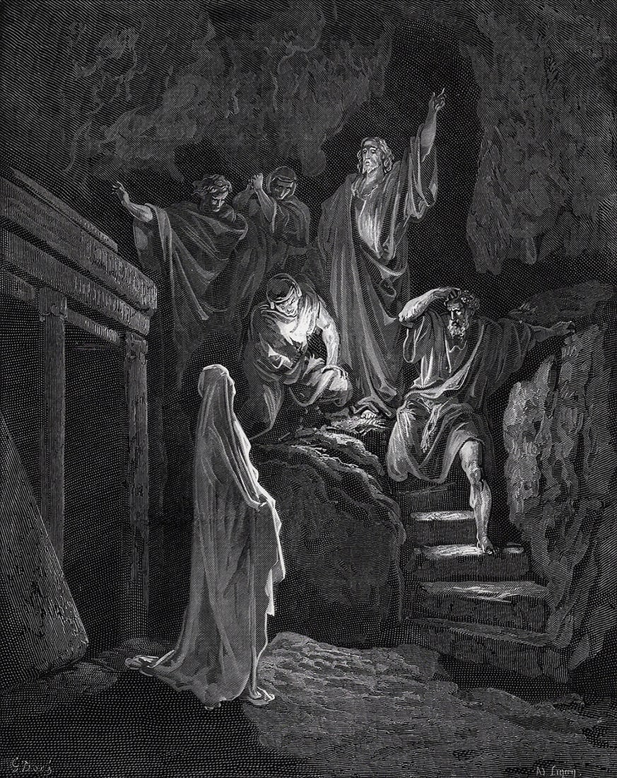 1800s GUSTAVE DORE'S BIBLE Woodcut Resurrection of Lazarus Framed SIGNED: Gustave Dore (Paul Gustave Louis Christophe Dore) (French, 1832-1883. Resurrection of Lazarus (from Dore's Bible). Antique woodcut wove paper after the original by a master wood engraver Ad Ligny (Fre