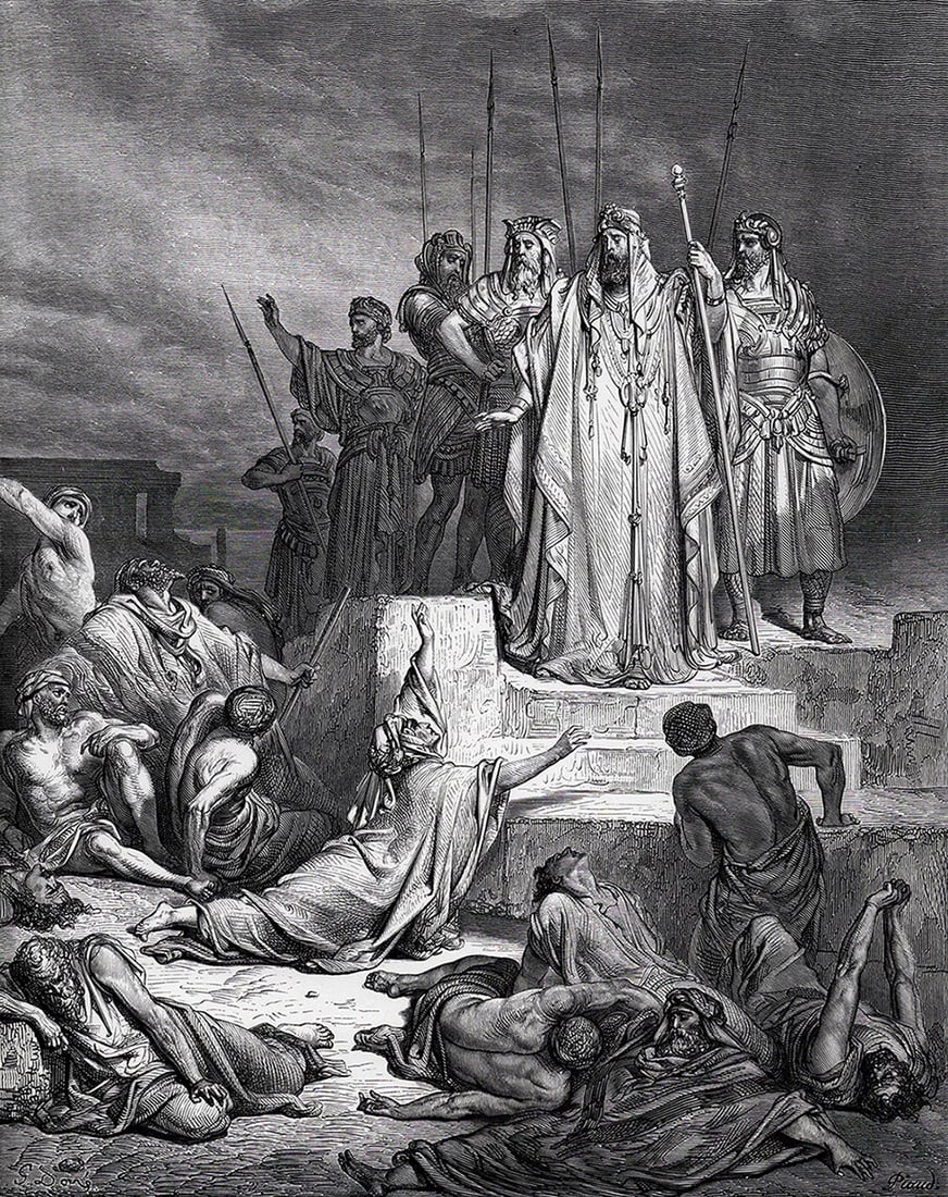 1800s Gustave Dore Biblical Woodcut The Famine in Samaria SIGNED FRAMED: Gustave Dore (Paul Gustave Louis Christophe Dore) (French, 1832-1883). The Famine in Samaria (from Dore's Bible). Antique woodcut wove paper after the original by a master wood engraver Antoine Alphee