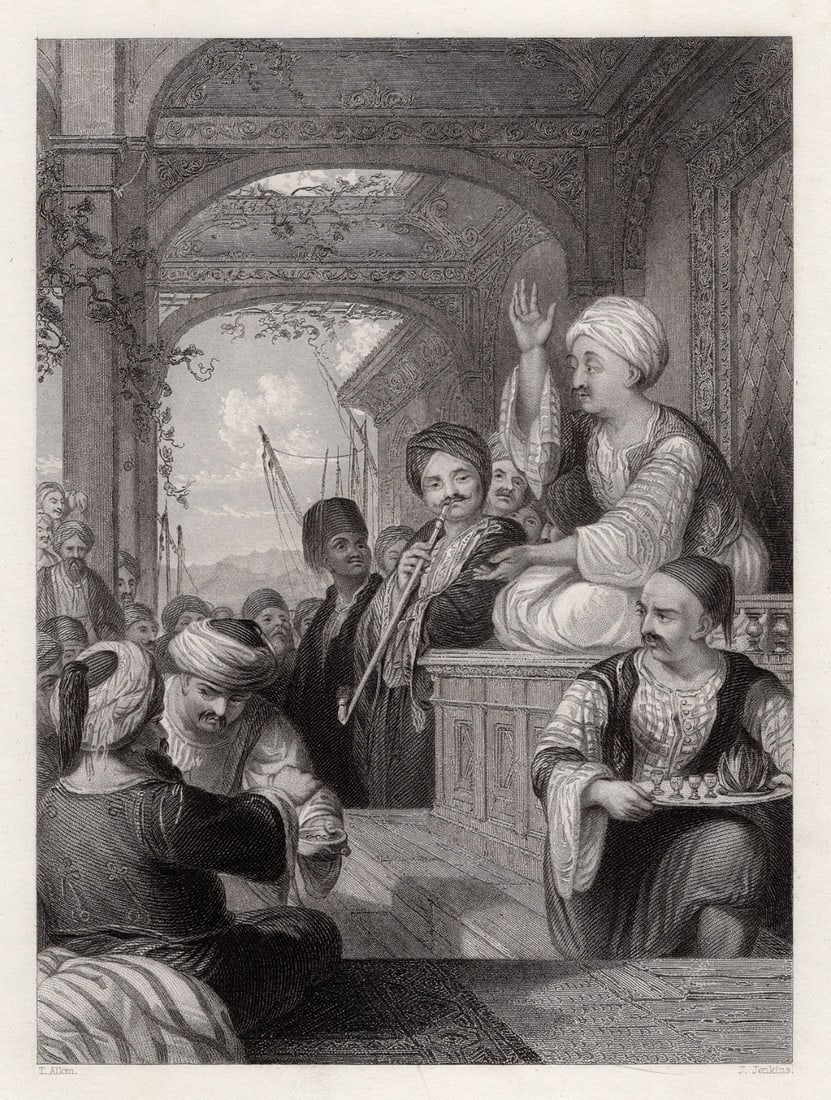 Thomas Allom Eastern Story Teller 1845 engraving signed Framed: Thomas Allom (English, 1804-1872). The Medak or Eastern Story Teller. Antique engraving on wove paper after the original by master engraver J Jenkins (British, 1832-1837 fl c). Year: c. 1845. Signed i