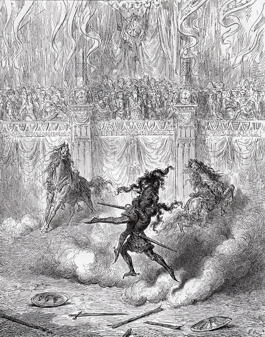 GUSTAVE DORE 1800s Woodcut Rodomonte & Ruggiero Battle FRAMED Signed COA: Gustave Dore (Paul Gustave Louis Christophe Dore )(French, 1832-1883). Having refrained from wearing arms for a Year, a month and a day after Bradamante bested him at the narrow bridge, Rodomonte appe