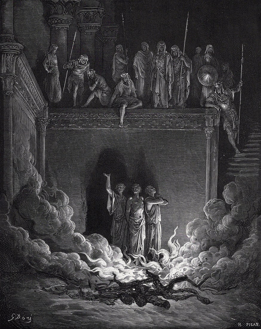 FRAMED 1800s Gustave Dore Biblical Woodcut Shadrach, Meshach, & Abednego SIGNED: Gustave Dore (Paul Gustave Louis Christophe Dore) (French, 1832-1883). Shadrach, Meshach, and Abednego in the Fiery Furnace (from Dore's Bible). Antique woodcut wove paper after the original by a mast
