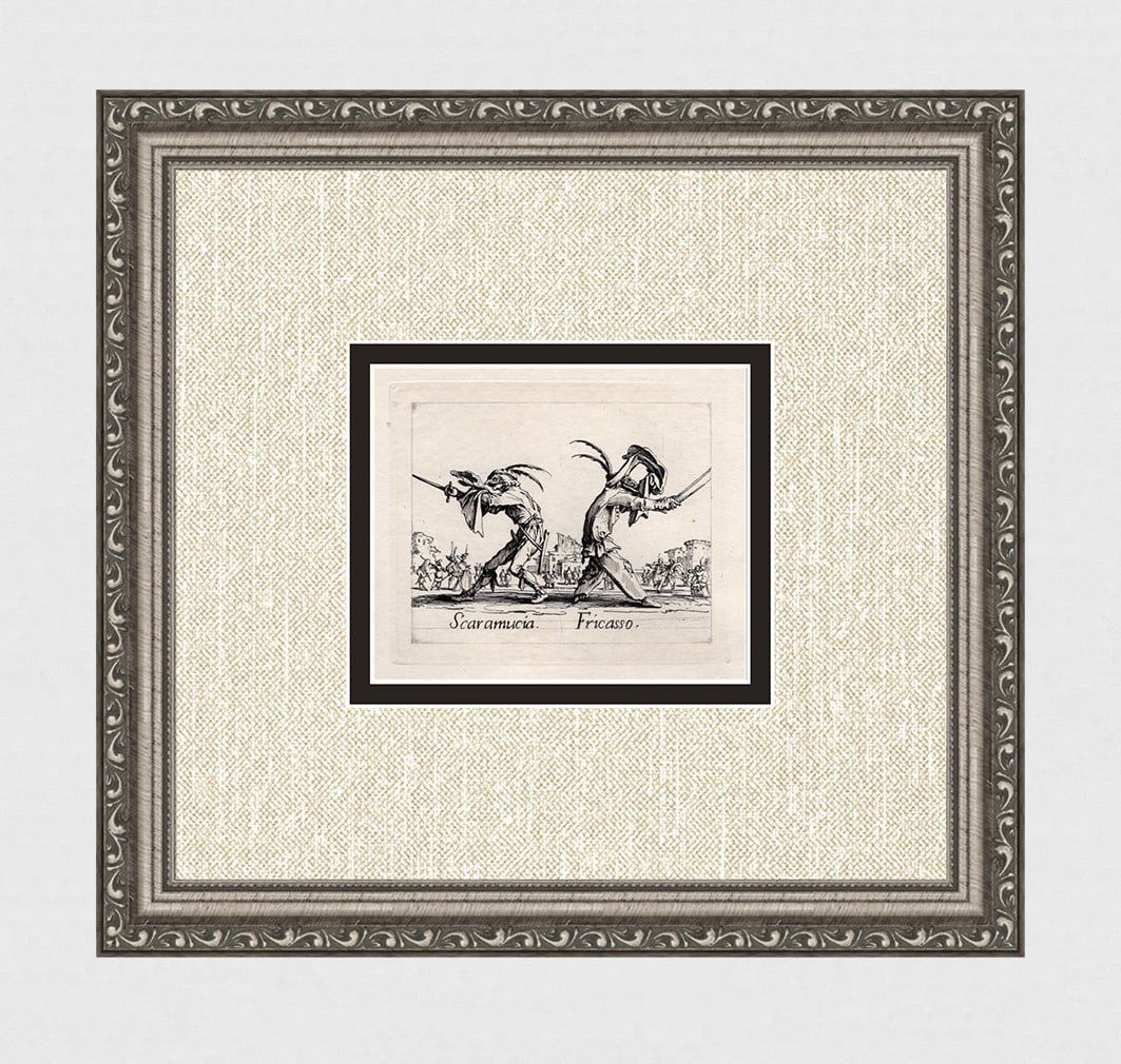 1920 Jacques CALLOT Limited Engraving "Scaramucia & Fricasso" Framed: Jacques Callot (French, c.?1592 - 1635). Scaramucia & Fricasso, from Balli di Sfessania. Antique engraving on japon paper after the original created in 1622. Year: c. 1920. Limited edition of only 500