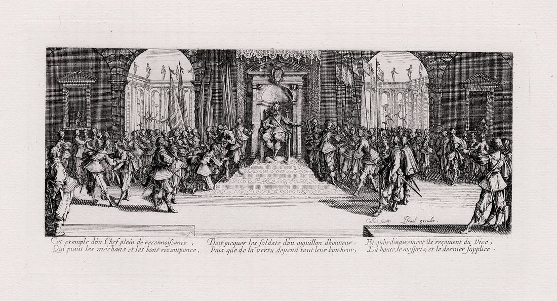 Jacques Callot Miseries and Misfortunes of War etching signed: Jacques Callot. (French, 1592-1635). Distribution of Rewards, from the The Miseries and Misfortunes of War (Les Miseres et les Mal-Heures de la Guerre). Antique etching on laid paper after the 1633 or