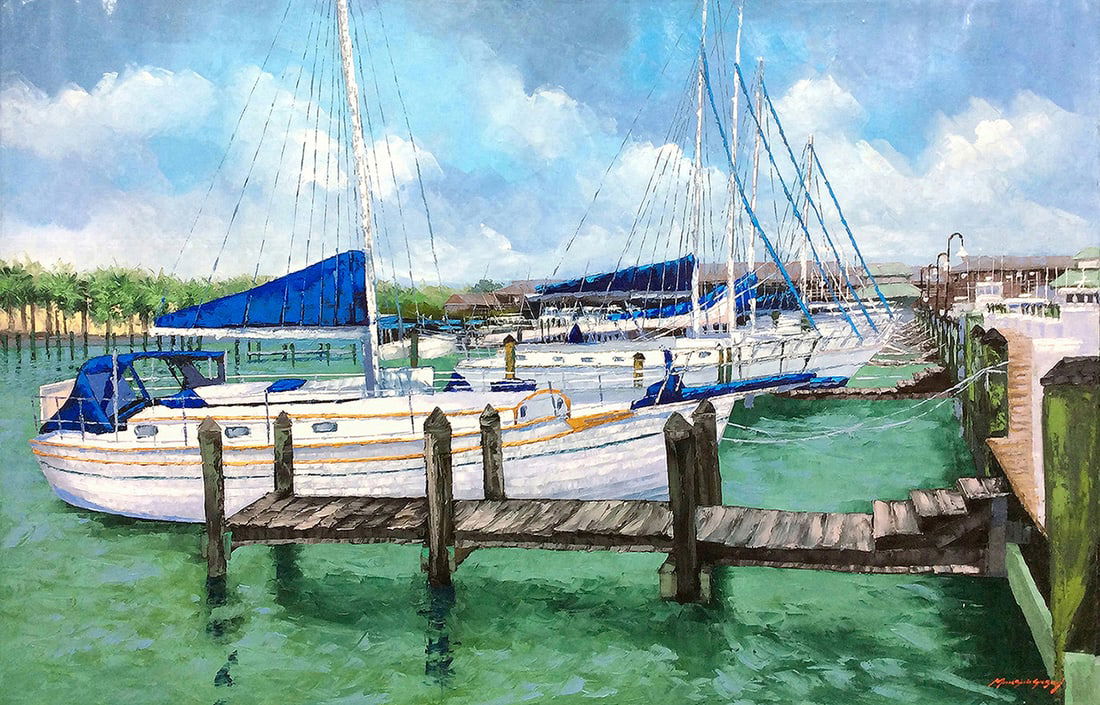 Mauricio Garay Original Painting Naples Marina 60 x 40 inches: Mauricio Garay. Naples Marina. Original oil painting on canvas. Canvas Size 60 x 40 inches. Mauricio Garay began to arouse his interest in art at an early age, with some artistic guidance from his unc