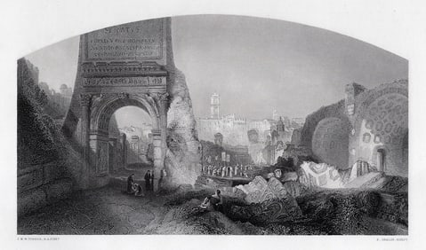 JMW TURNER 1800s Engraving View of Roman Forum Signed FRAMED