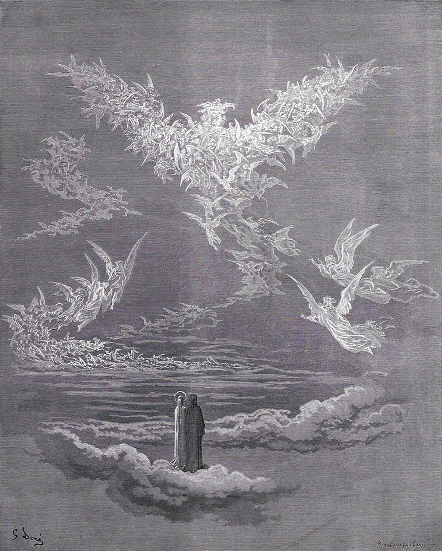 DORE 1800s Divine Comedy Woodcut "Blessed Souls form an Eagle" FRAMED Signed: Gustave Dore (Paul Gustave Louis Christophe Dore) (French, 1832-1883). Chant 19 The Vision of the Sixth Heaven (from Dante's Divine Comedy Paradise). Antique woodcut on wove paper after the original b