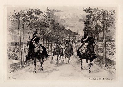 Auguste Andre Lancon Cavalry etching signed