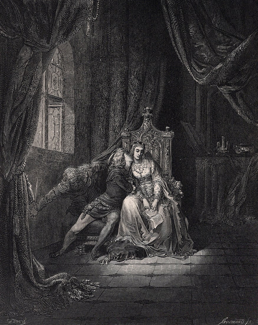 Gustave Dore Paolo and Francesca (Dante's Divine Comedy Enferno) c. 1880 Wood Engraving: Gustave Dore (Paul Gustave Louis Christophe Dore) (French, 1832-1883). Chant 5 Paolo and Francesca - We read no more. (Dante's Divine Comedy Enferno). Antique Wood Engraving wove paper after the origi