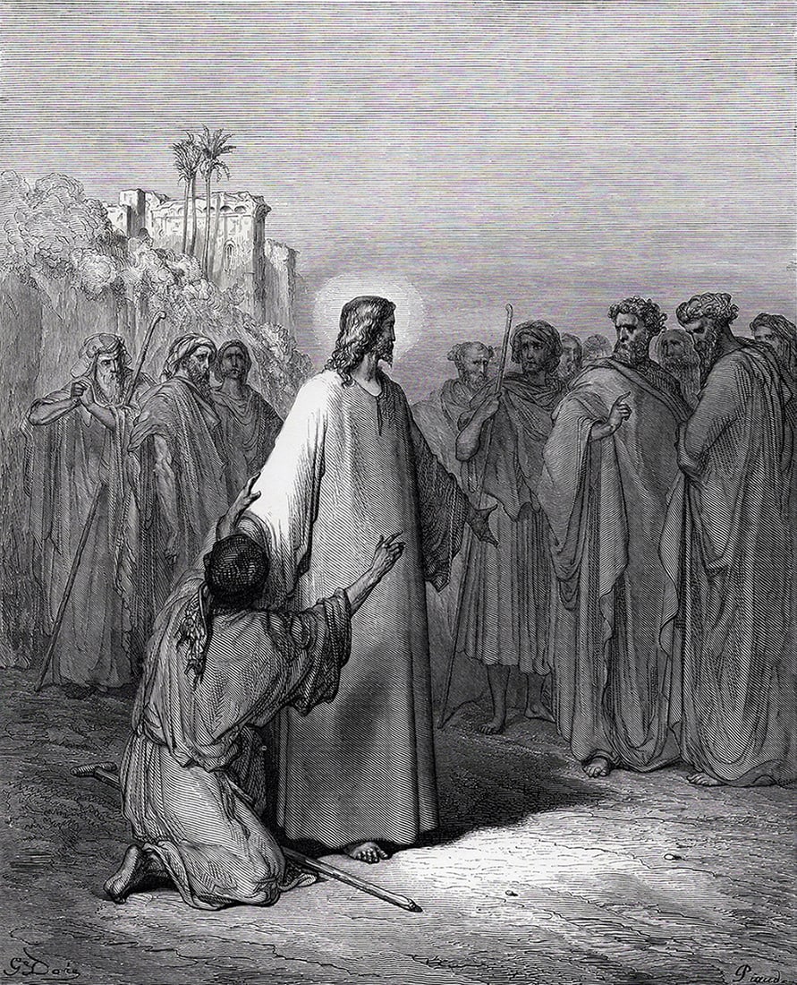 Gustave DORE 1800s Biblical Woodcut Jesus Heals the Possessed Man SIGNED Framed: Gustave Dore (Paul Gustave Louis Christophe Dore) (French, 1832-1883). Jesus Healing the Man Possessed with a Devil (from Dore's Bible). Antique woodcut wove paper after the original by a master wood