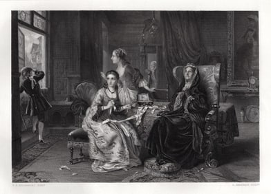 1800s Probert HILLINGFORD Antique Engraving Waiting for the Suitor Framed Signed