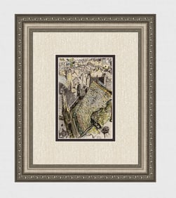 George DUPUIS SIGNED Antique Color Print View of Valogne, France FRAMED