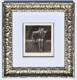 1800s Franz Von Stuck Original Etching LUCIFER Framed SIGNED