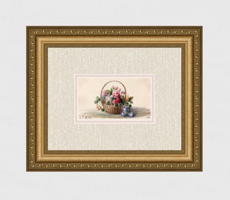 1850 Laure Kellin watercolor Rose basket Signed Dated