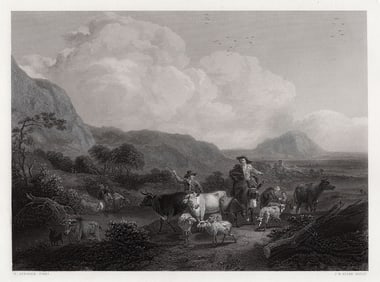 FRAMED 1800s Nicolaes Berchem Engraving PASTORAL LANDSCAPE Signed