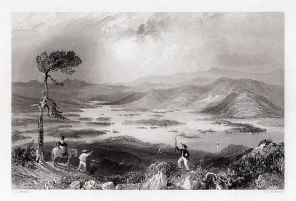 1800s William H. BARTLETT Engraving A Day on Squawm Lake Framed SIGNED