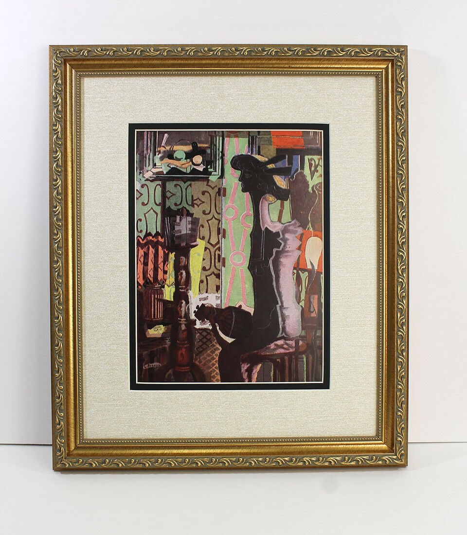 Georges Braque La Femme a la Mandolin (Woman with a Mandolin) 1938 Signed: Georges Braque. La Femme a la Mandolin (Woman with a Mandolin). Color vintage print after the original oil on canvas. 1938. Signed in the plate, lower left. Image Size 7 5/8 x 10 3/8 inches. Framed di