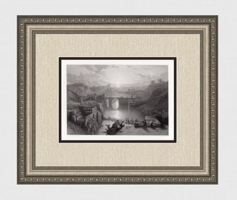 David Roberts 1800s Engraving Sunset, The Bridge of Toledo Signed Framed