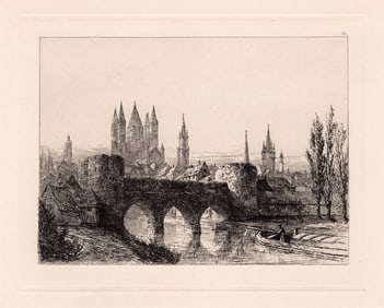 Sir Ernest George Tournai. Ancient Bridge and City Wall 1877 etching