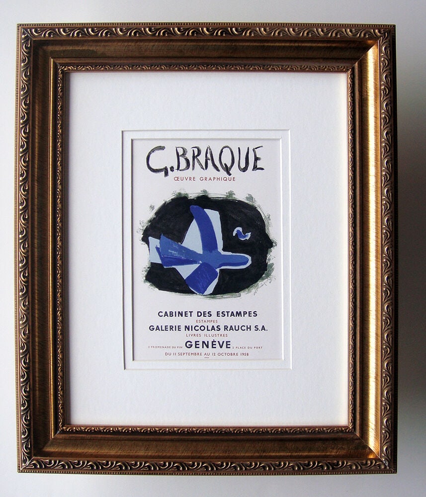 1959 Georges Oeuvre Graphique lithograph signed: Georges Braque. Oeuvre Graphique. Color lithograph. 1959. Signed in the plate. Excellent. Legendary Atelier Mourlot. Image size 6 x 9 1/2 inches. Framed dimensions 15 x 19 inches. This artwork is acco